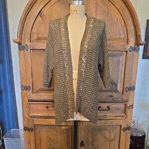 Sequin Trim Open Front Sweater - Olive Green With Gold Thread